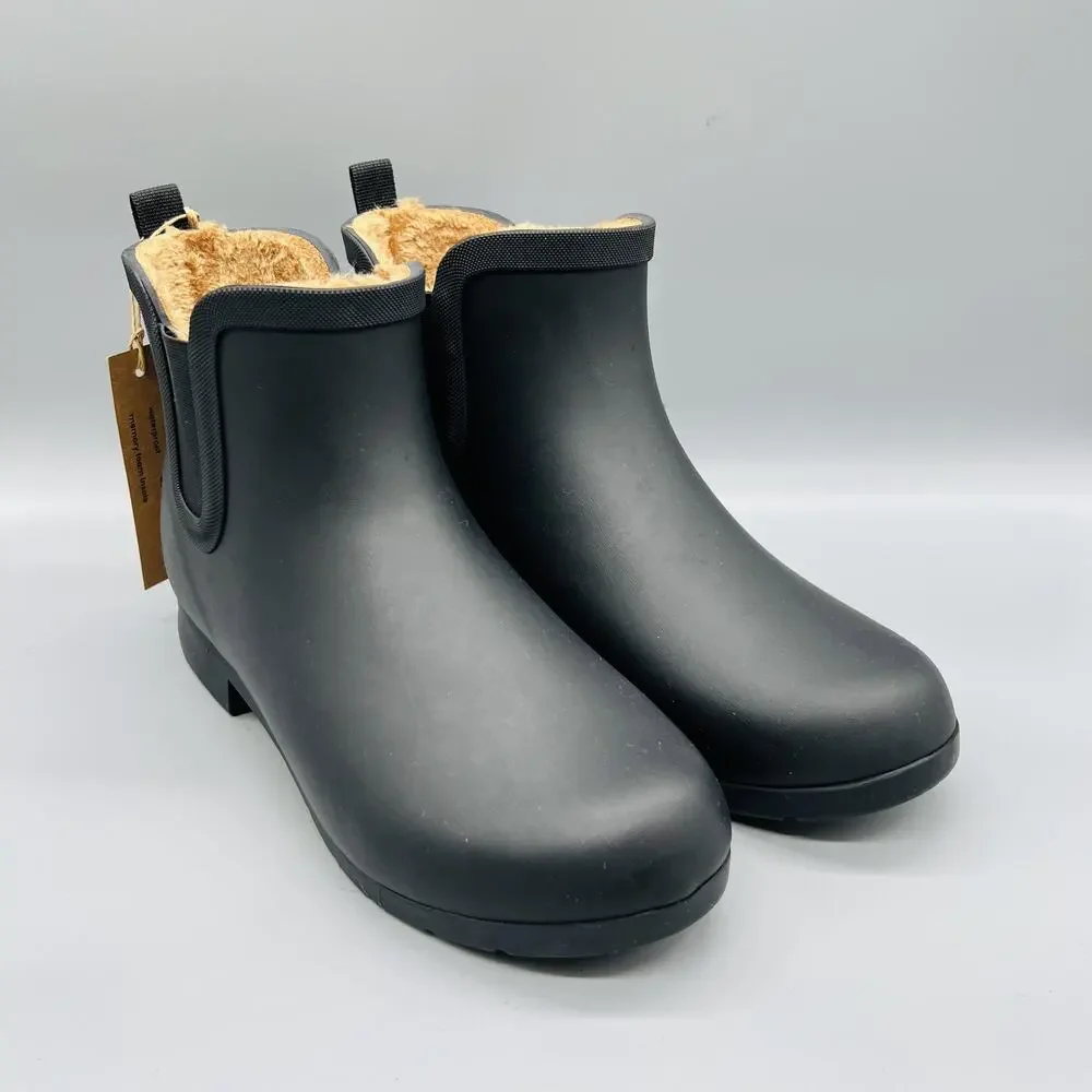 Chooka Boots Womens 10 Black Rubber Ankle Faux Fur Lined Rain Booties Shoes